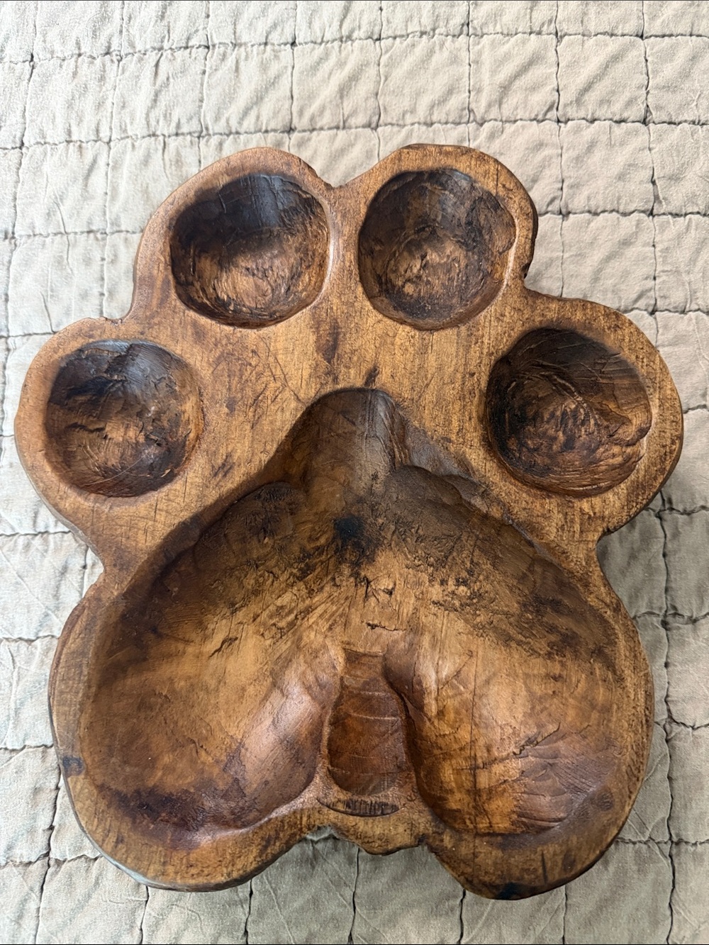 Handcrafted Wooden Paw-Shaped Serving Bowl — Brown